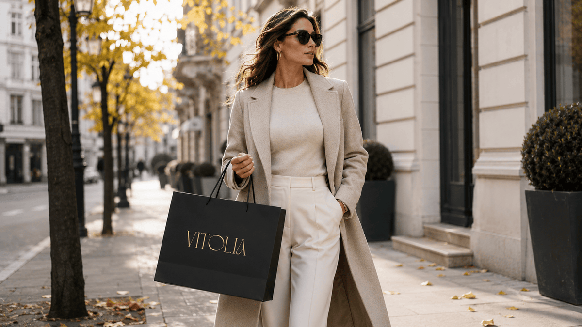 Frau in hellbeigem Wollmantel und cremefarbenem Strick auf einer herbstlichen Allee, mit schwarzer VITOLIA-Einkaufstasche.