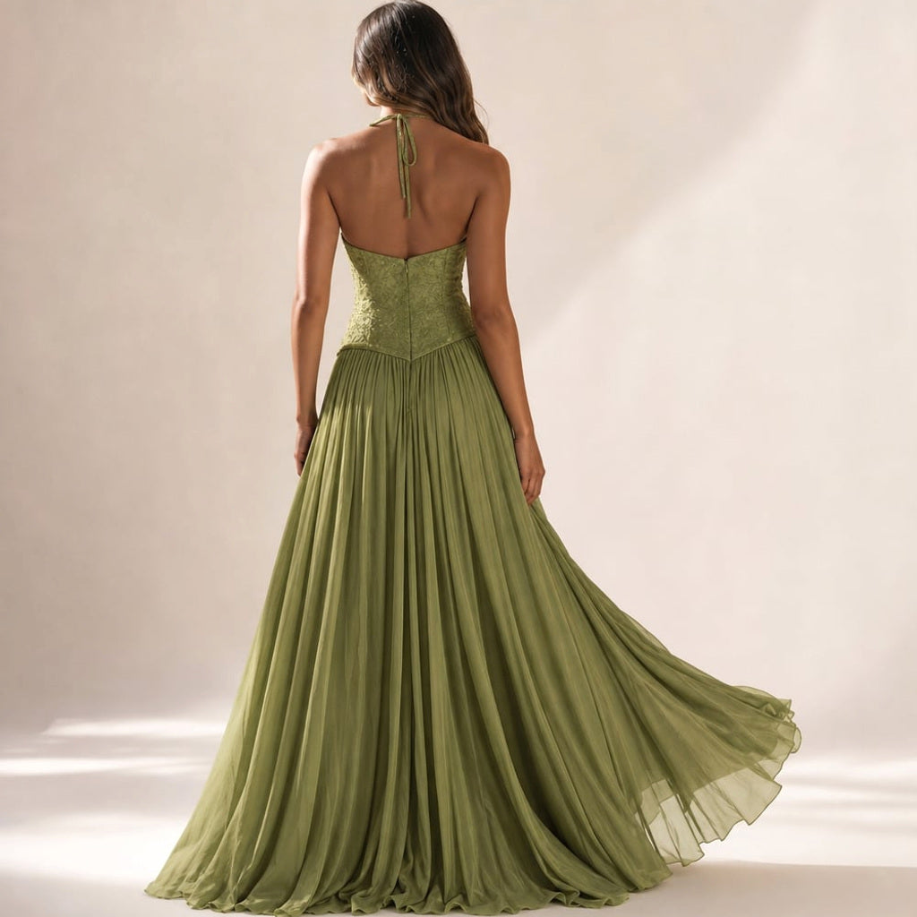 Maxi-Kleid mit Korsett-Oberteil und Faltenrock Grün – Vitolia