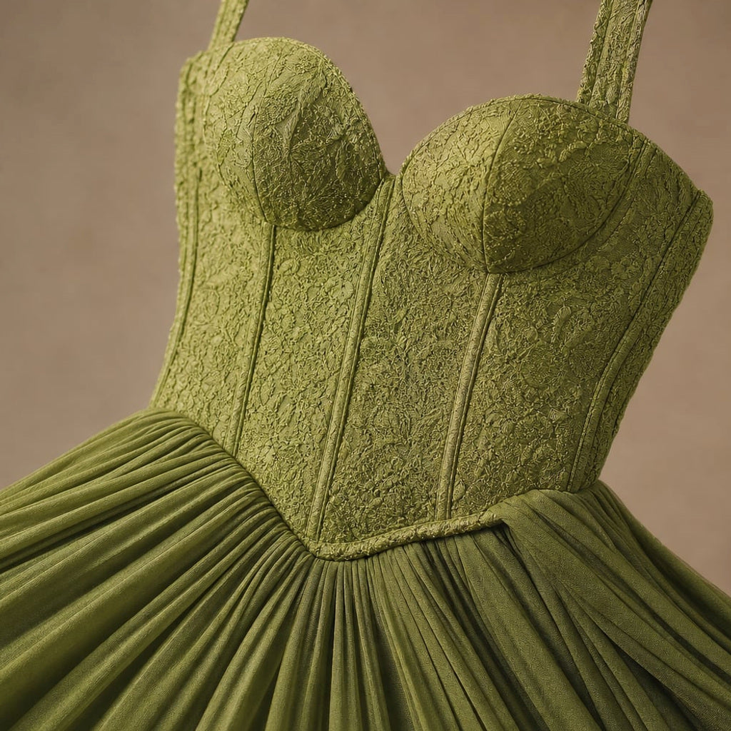 Maxi-Kleid mit Korsett-Oberteil und Faltenrock Grün – Vitolia