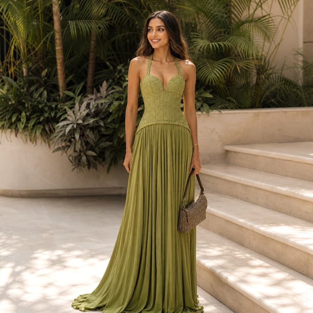Maxi-Kleid mit Korsett-Oberteil und Faltenrock Grün – Vitolia