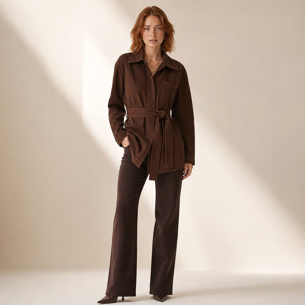 Longline-Top Denim mit Taillengürtel Schokolade – Vitolia