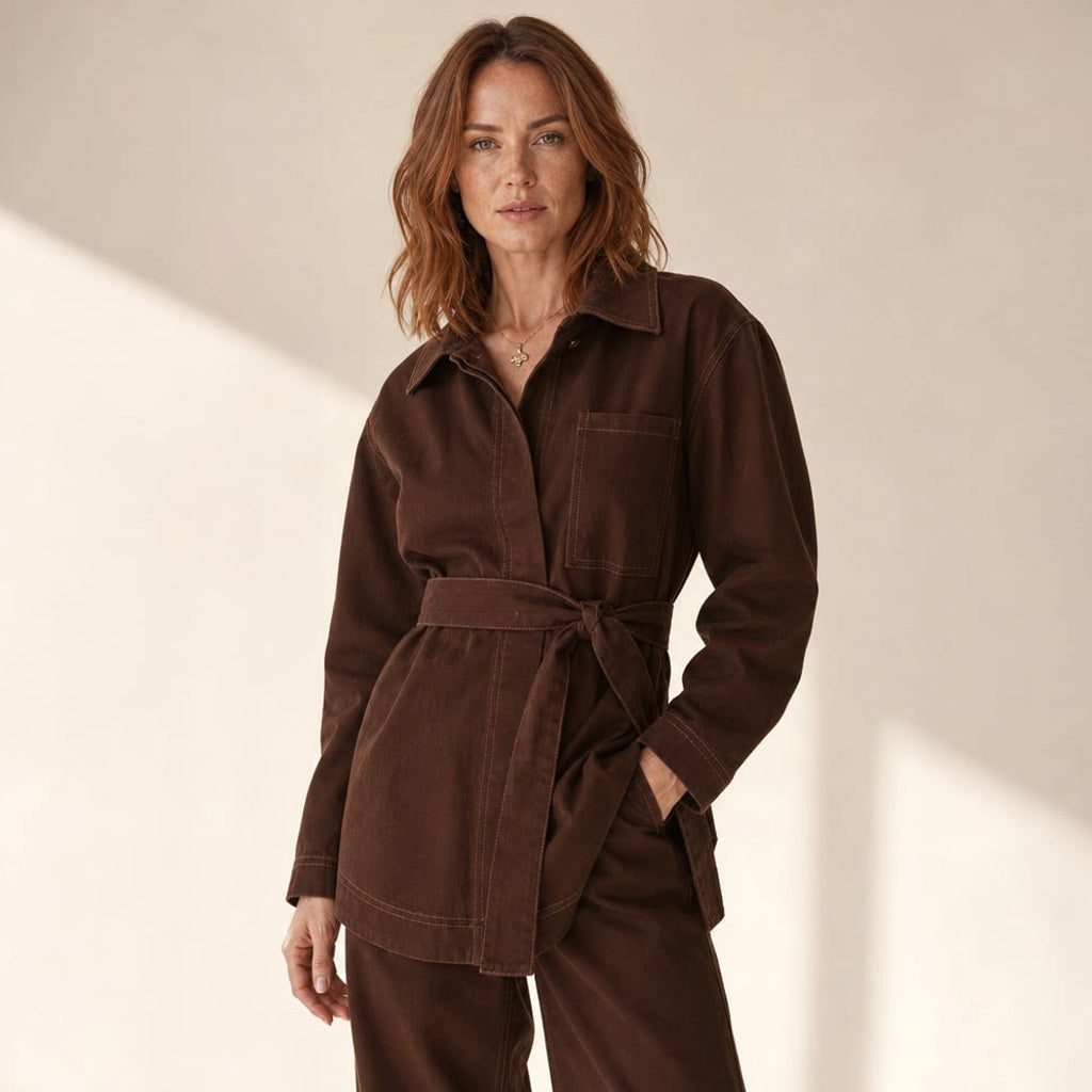 Longline-Top Denim mit Taillengürtel Schokolade – Vitolia