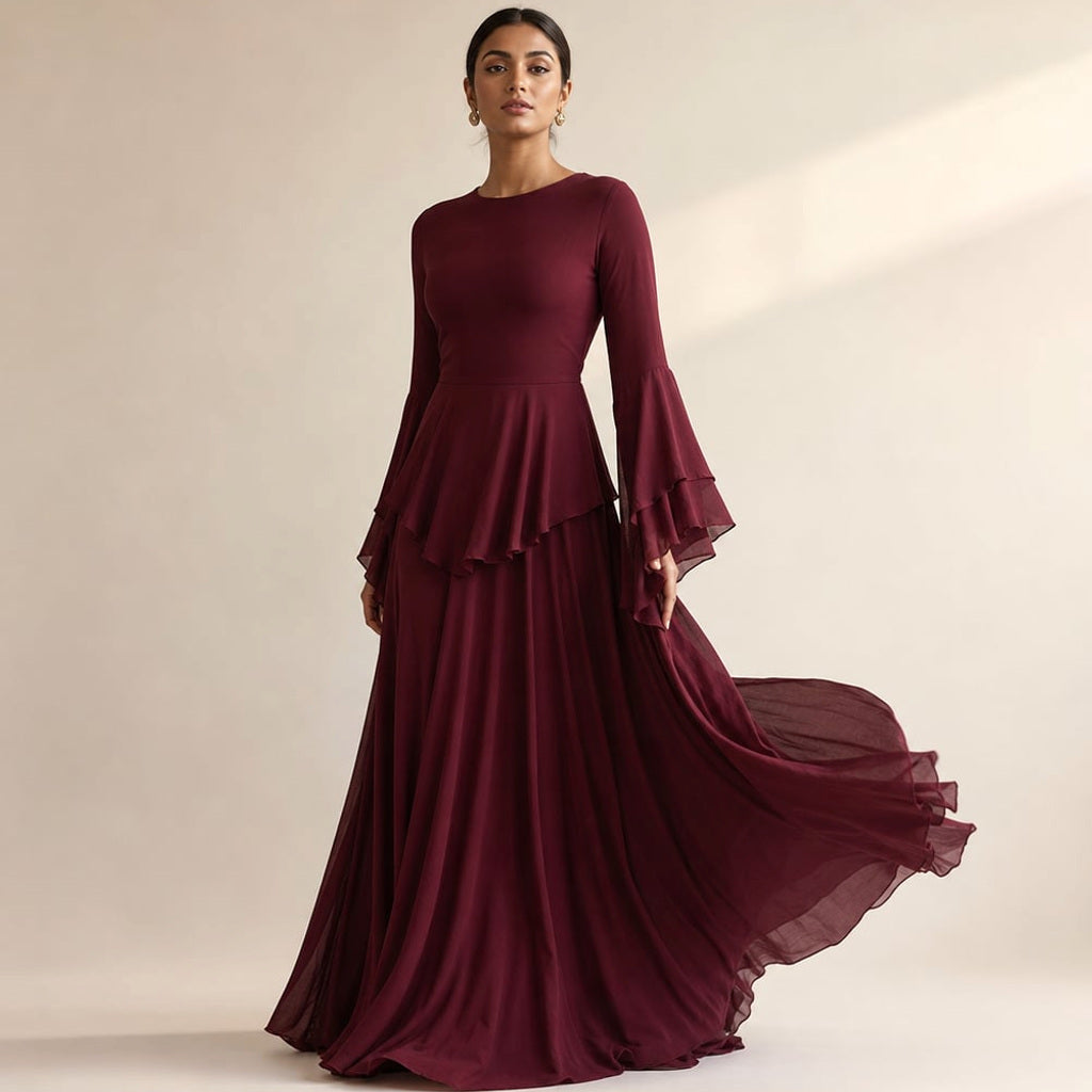 Maxi-Kleid mit Rüschenärmeln ausgestellte Silhouette in Bordeaux – Vitolia