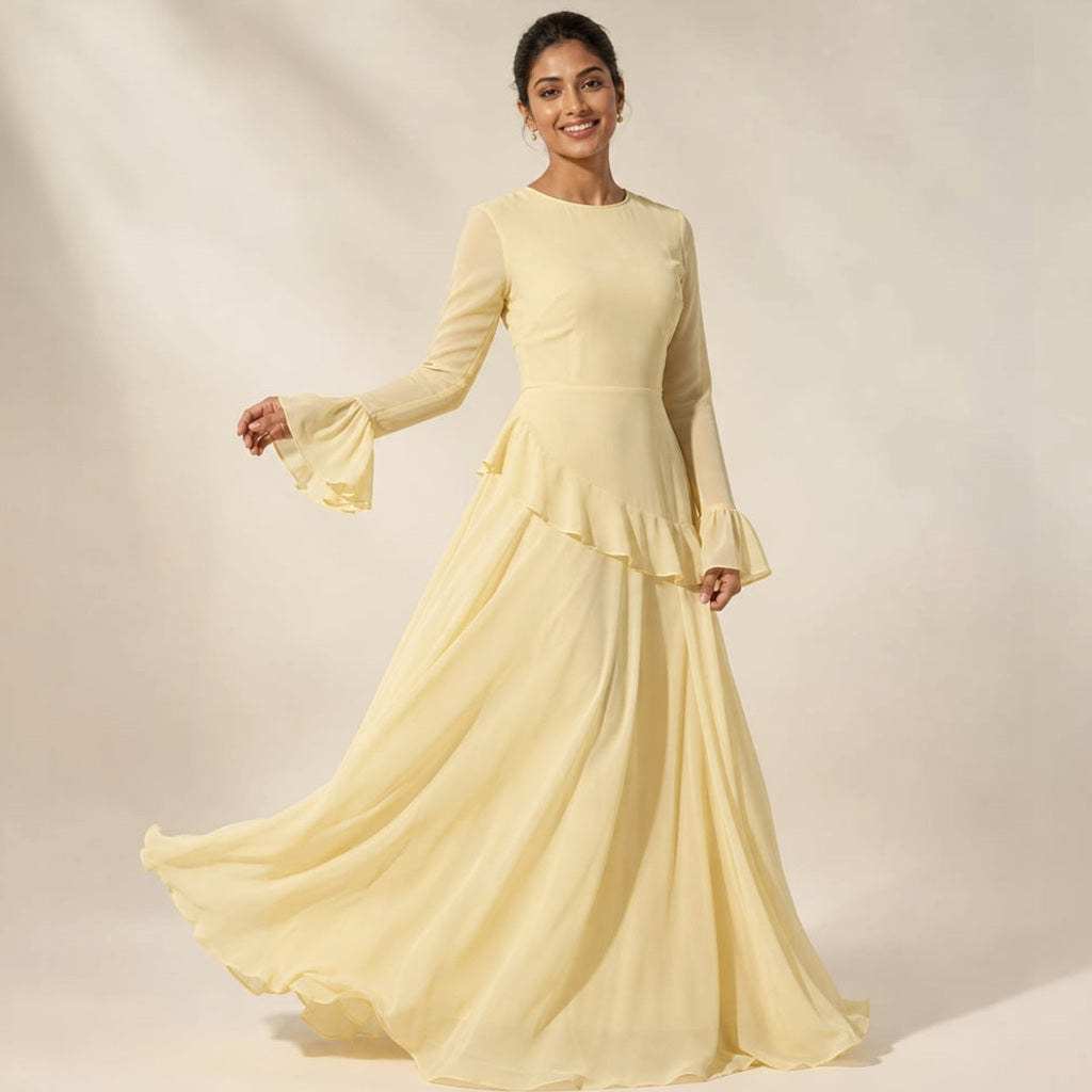 Maxi-Kleid mit Rüschenärmeln ausgestellte Silhouette in Hellgelb – Vitolia