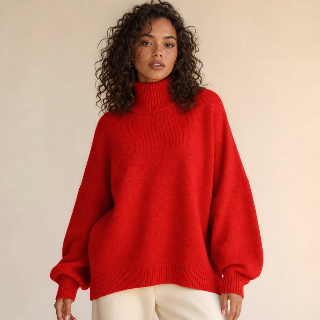Strickpullover in Rot mit breitem Glockenärmel und hohem Rollkragen, Frontansicht auf weißem Hintergrund