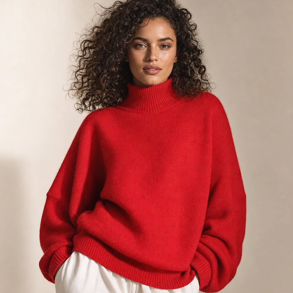 Model trägt roten Strickpullover mit Glockenärmeln und Rollkragen, Ganzkörperansicht