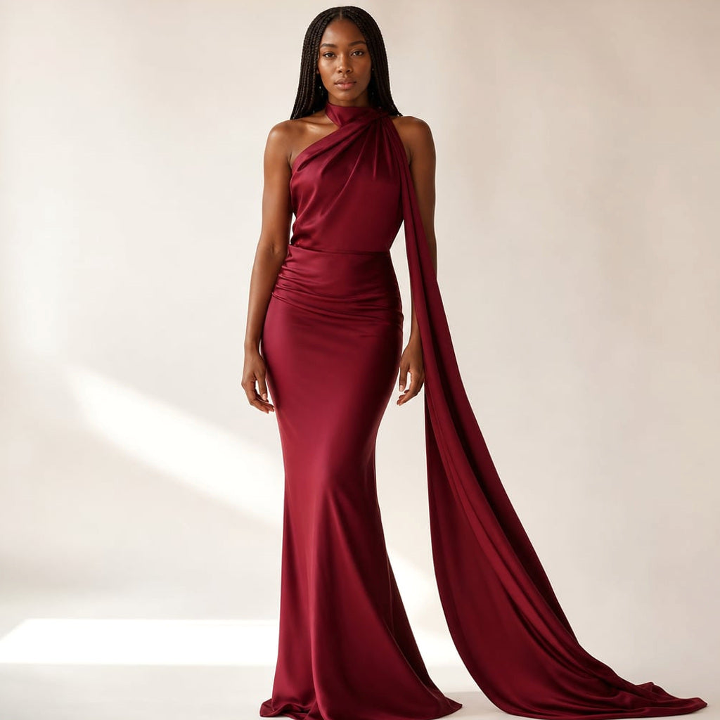 Langes One-Shoulder-Kleid in Weinrot mit asymmetrischer Drapierung und bodenlangem Saum