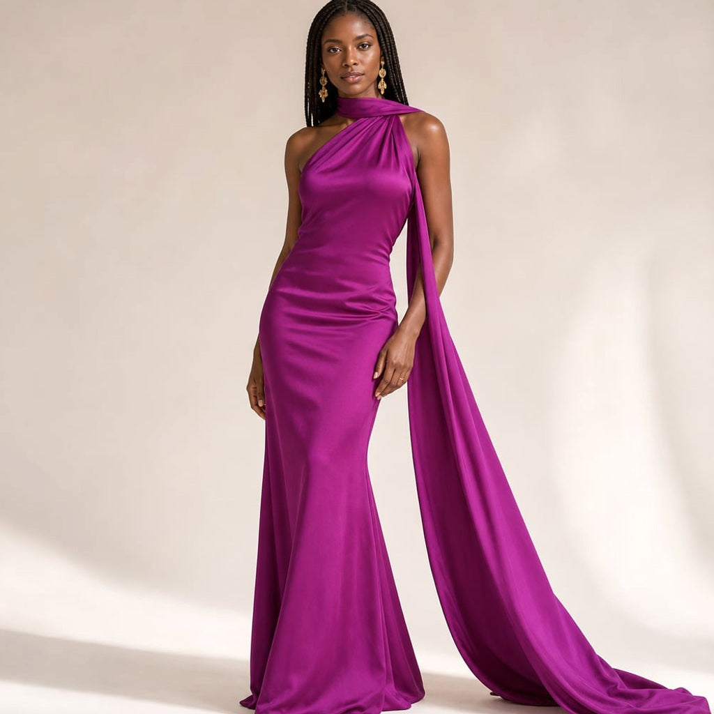 Maxi-Kleid One-Shoulder Drapiert Asymmetrisch in Lila – Vitolia