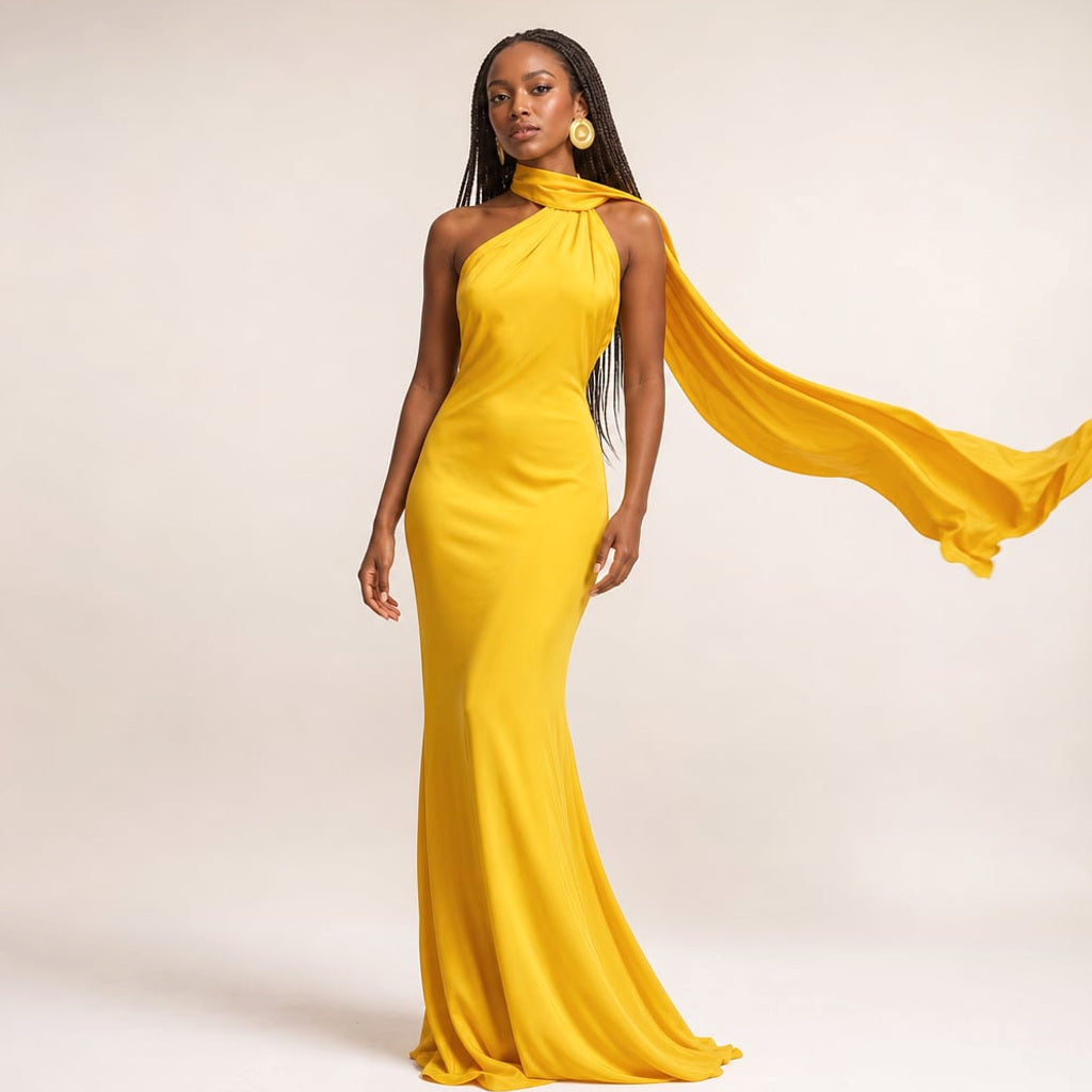 Maxi-Kleid One-Shoulder Drapiert Asymmetrisch in Gelb – Vitolia