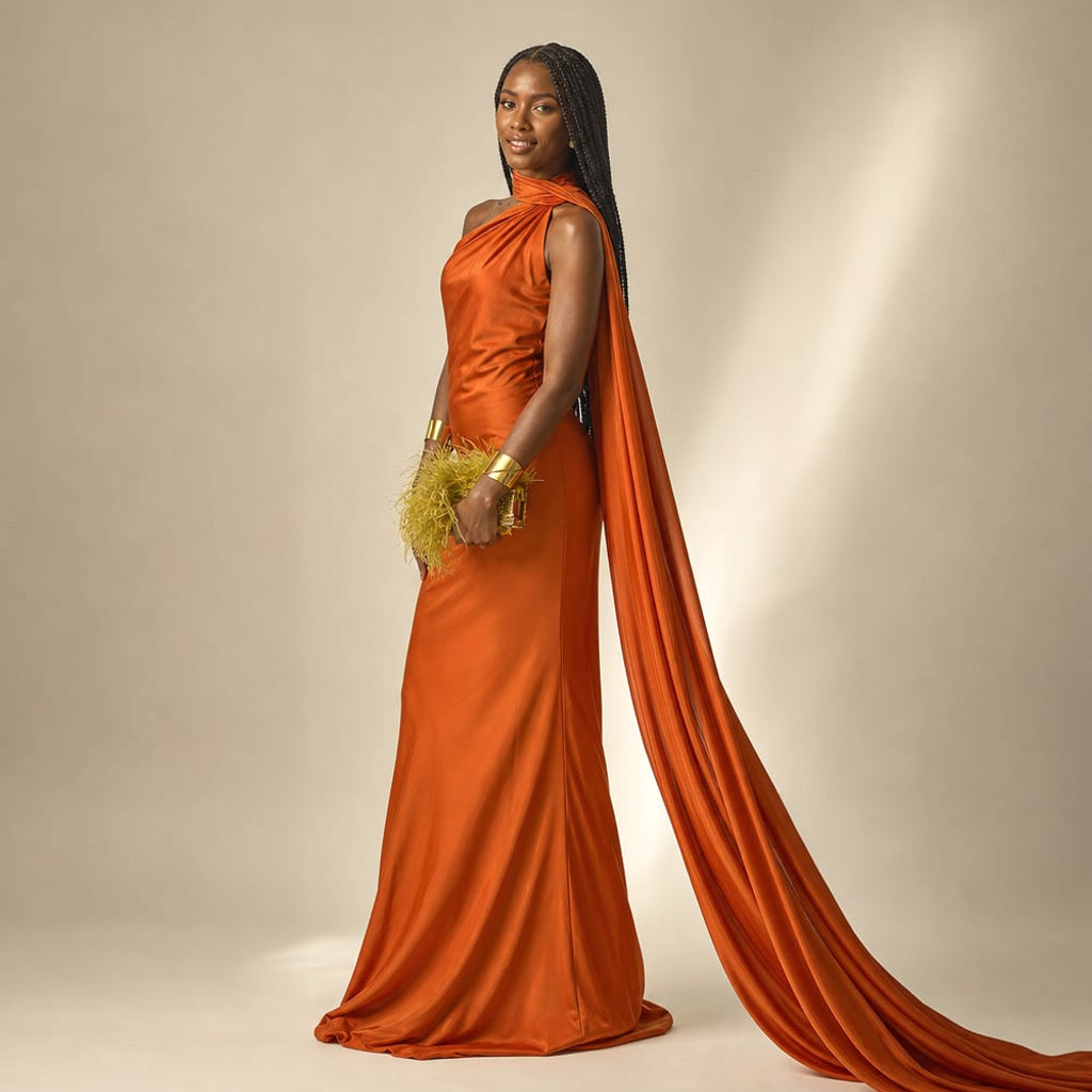 Maxi-Kleid One-Shoulder Drapiert Asymmetrisch in Orange – Vitolia