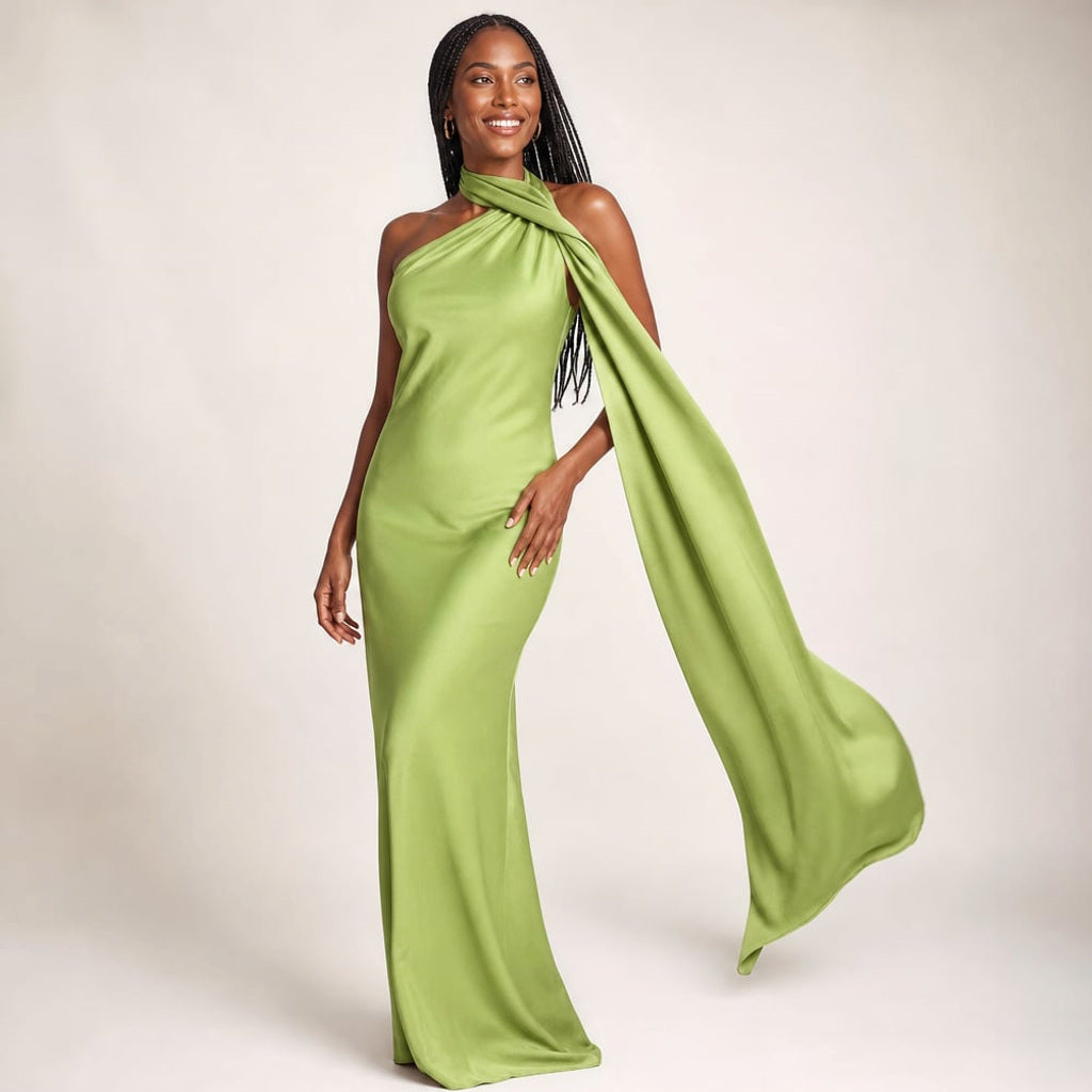 Maxi-Kleid One-Shoulder Drapiert Asymmetrisch in Grün – Vitolia