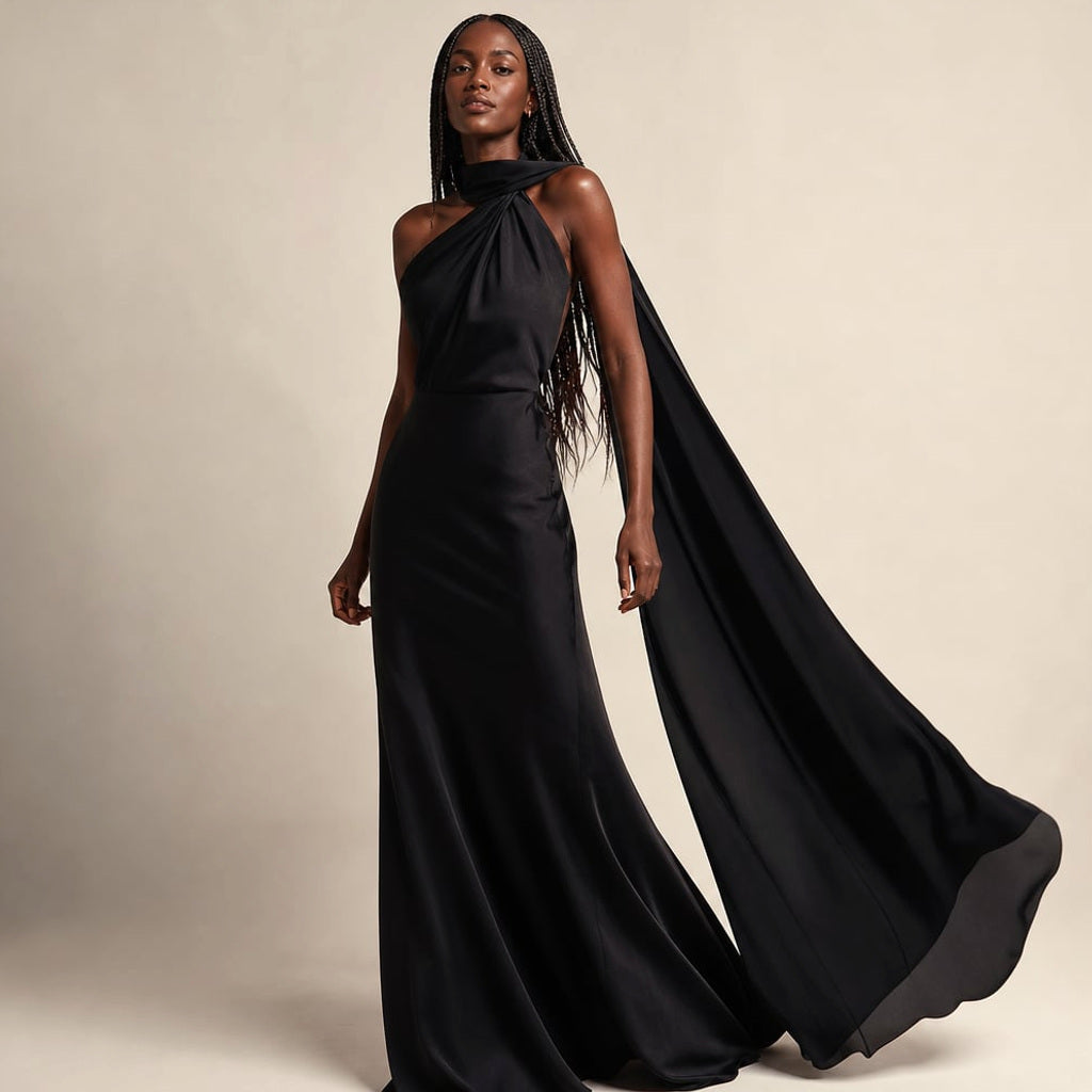 Maxi-Kleid One-Shoulder Drapiert Asymmetrisch in Schwarz – Vitolia