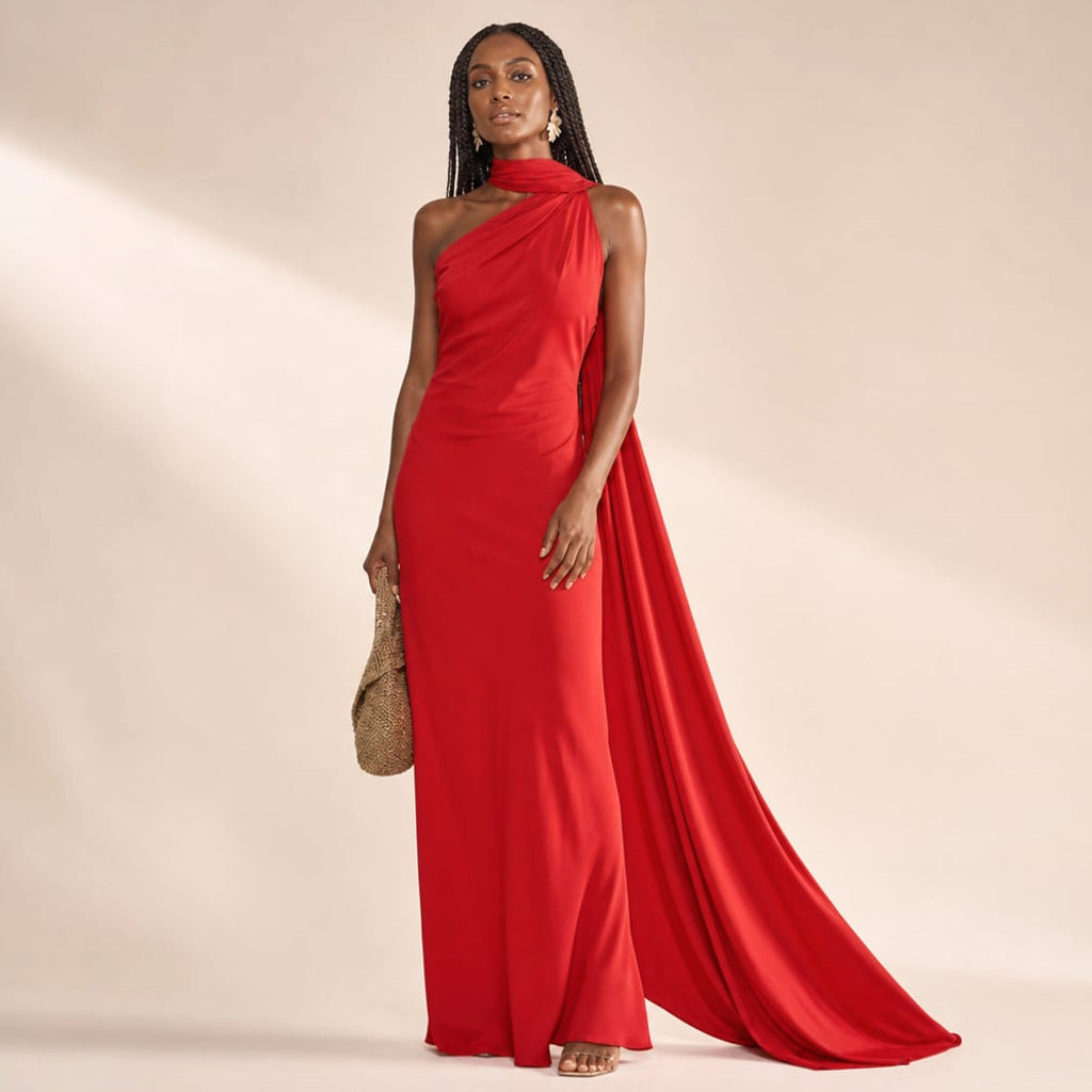 Maxi-Kleid One-Shoulder Drapiert Asymmetrisch in Rot – Vitolia