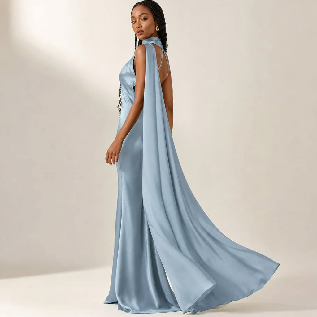 Maxi-Kleid One-Shoulder Drapiert Asymmetrisch in Blau – Vitolia