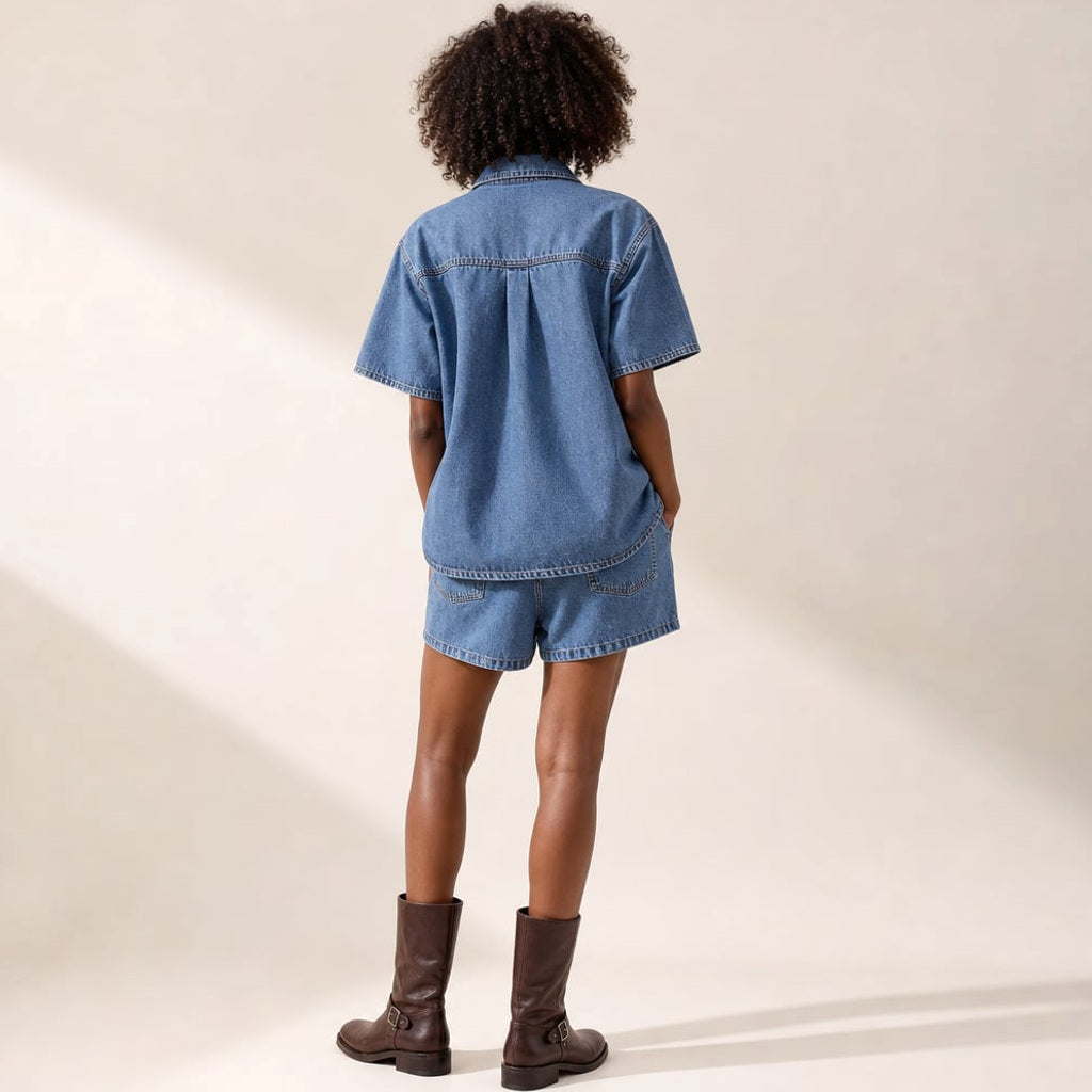 Denim-Set mit Button-Down-Top und Shorts Zweiteiler – Vitolia