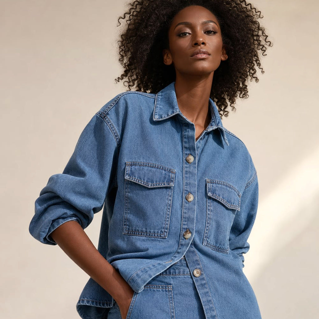Denim-Set mit Button-Down-Top und Shorts Zweiteiler – Vitolia