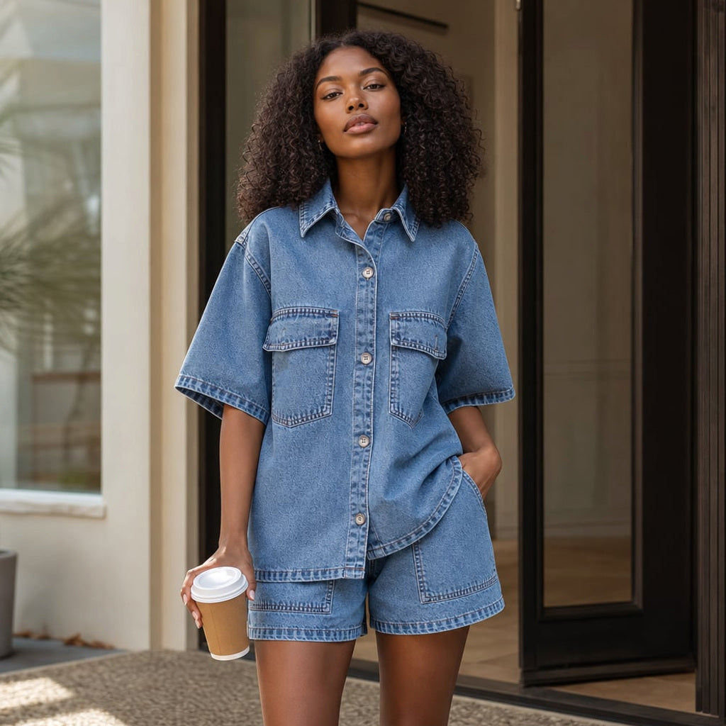 Denim-Set mit Button-Down-Top und Shorts Zweiteiler – Vitolia