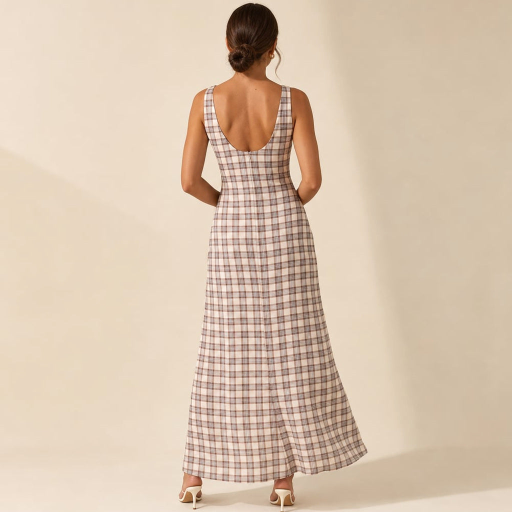 Maxi-Kleid Neutrales Karo Transparente Lage Ärmellos – Vitolia