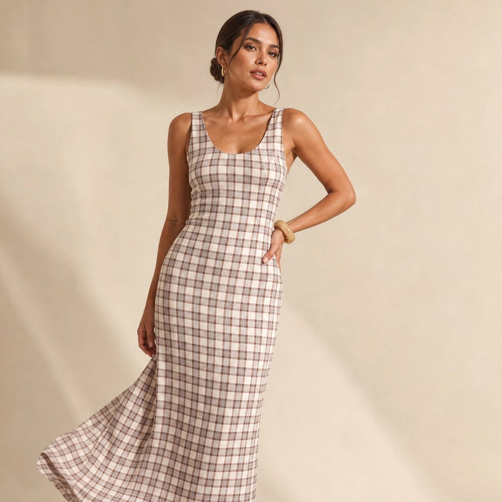 Maxi-Kleid Neutrales Karo Transparente Lage Ärmellos – Vitolia