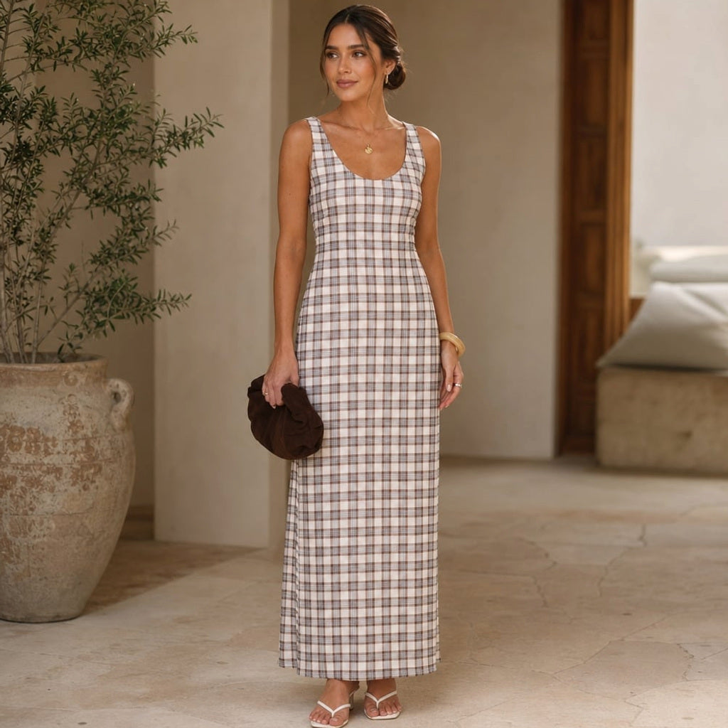 Maxi-Kleid Neutrales Karo Transparente Lage Ärmellos – Vitolia