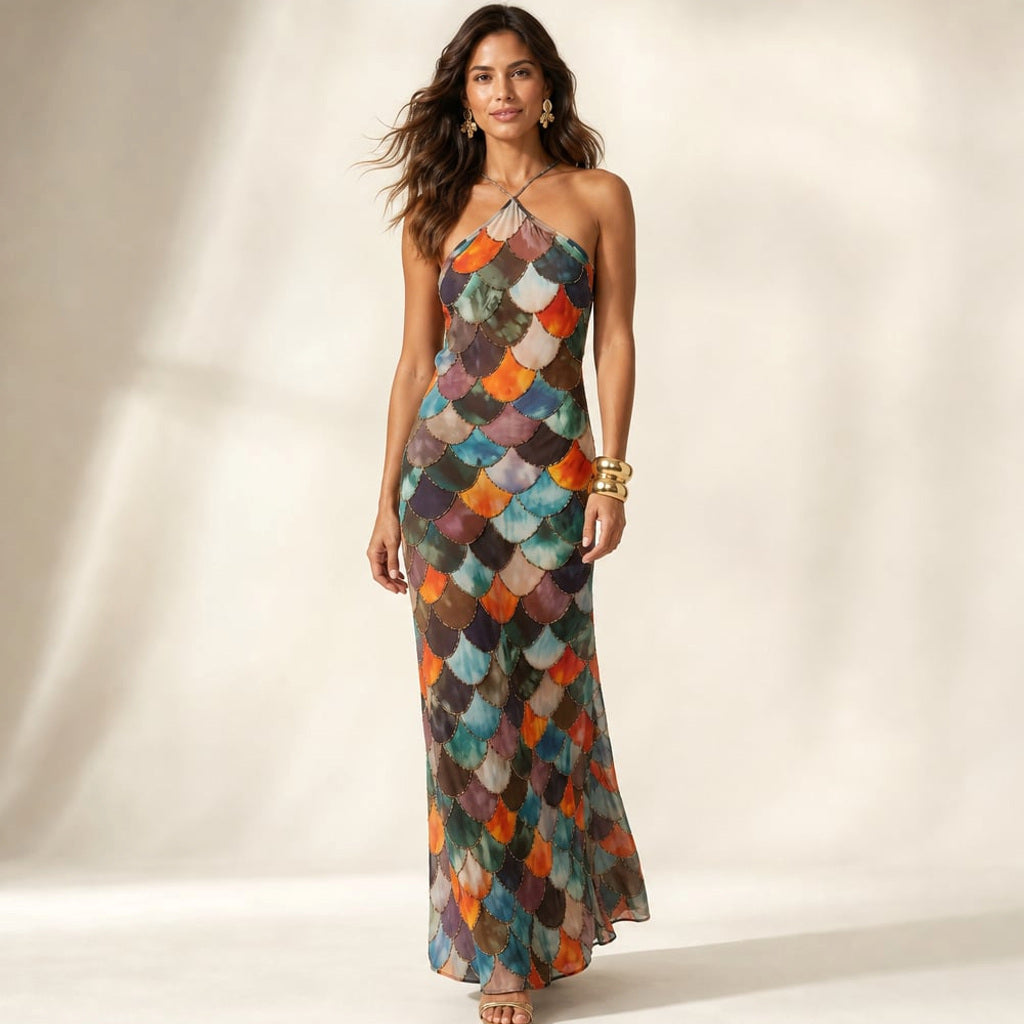 Maxi-Kleid mit geometrischem Schuppenmuster in körpernahem Schnitt, Ganzkörperansicht