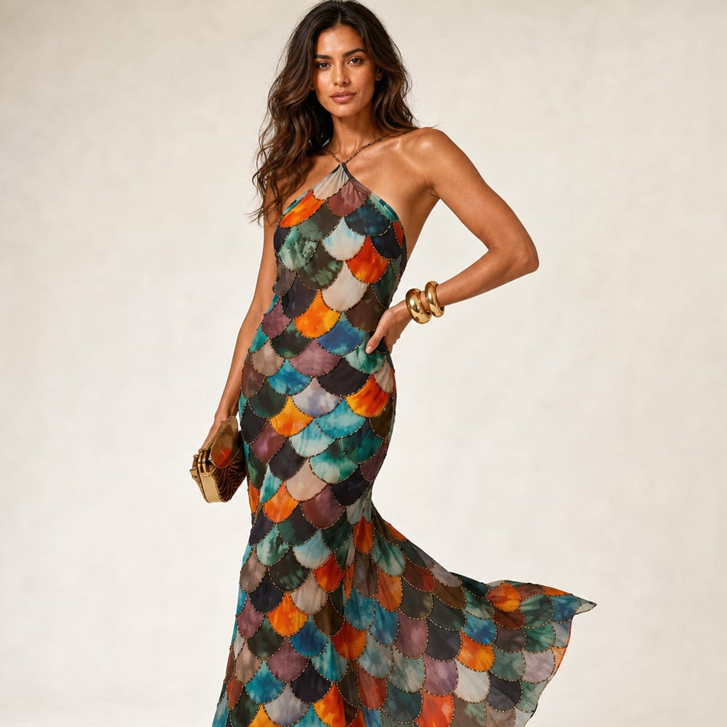 Maxi-Kleid mit geometrischem Schuppenmuster körpernah – Vitolia