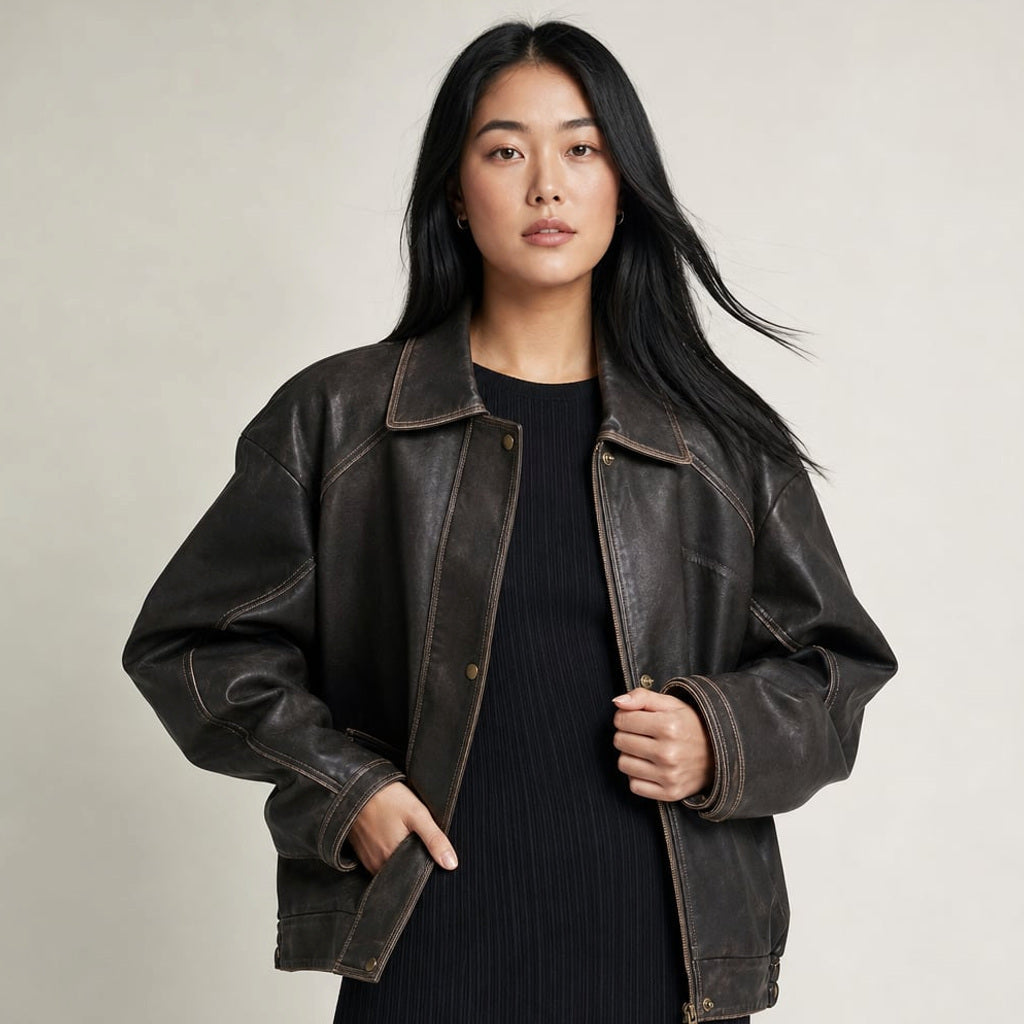 Hüftlange Bomber-Jacke in Charcoal Braun mit Kontrastnähten und Frontreißverschluss, Oversize-Silhouette, Ganzkörperansicht
