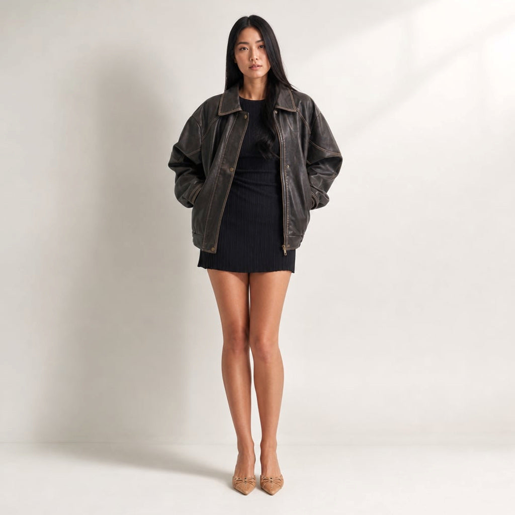 Bomber-Jacke Oversize PU Kontrastnaht Charcoal Braun – Vitolia