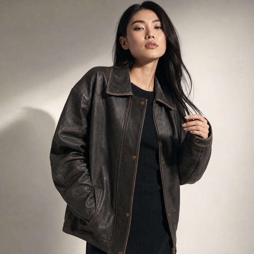 Bomber-Jacke Oversize PU Kontrastnaht Charcoal Braun – Vitolia