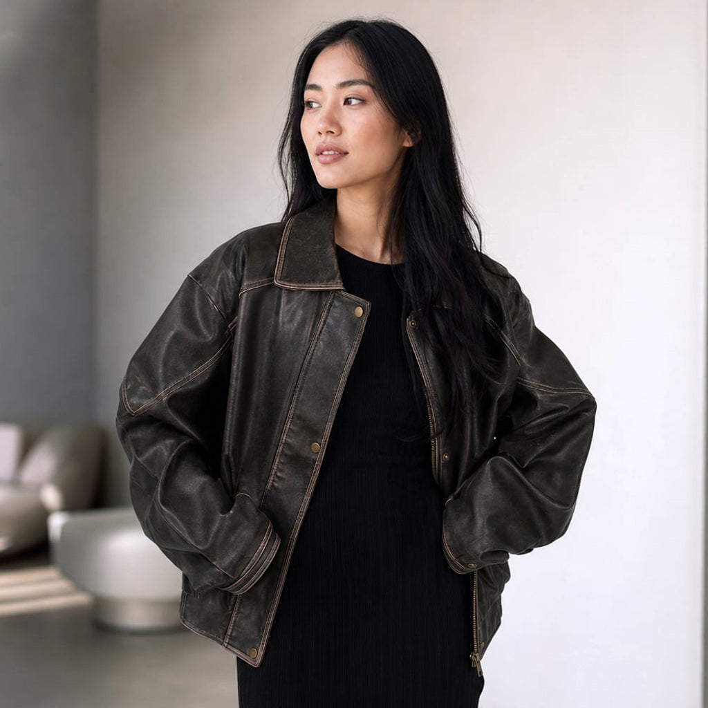Bomber-Jacke Oversize PU Kontrastnaht Charcoal Braun – Vitolia