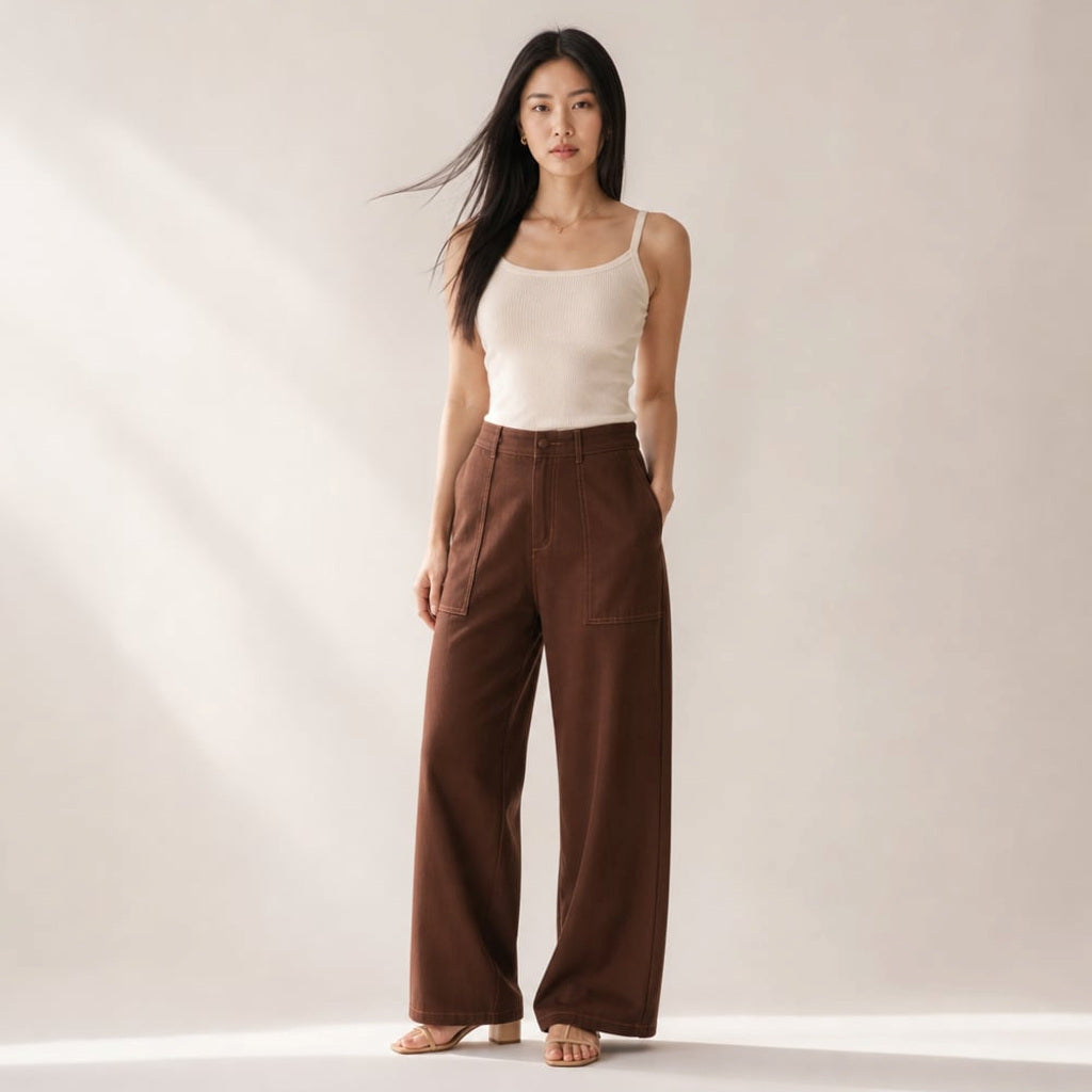 Weite High-Waist-Jeans in Schokoladen-Denim, Vorderansicht, ganzes Bein sichtbar
