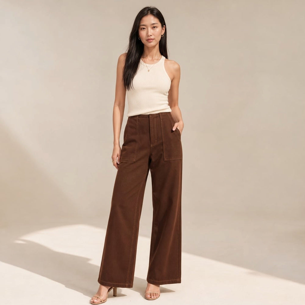 Model trägt die Kady-Hose in Schokoladen-Denim mit hohem Bund und weitem Bein