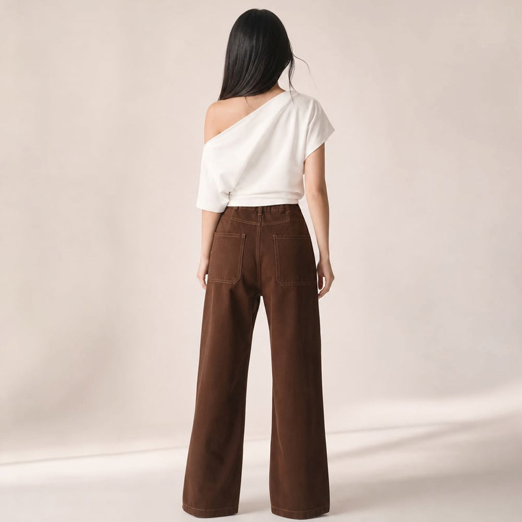 Weite High-Waist-Jeans Schokoladen-Denim – Vitolia