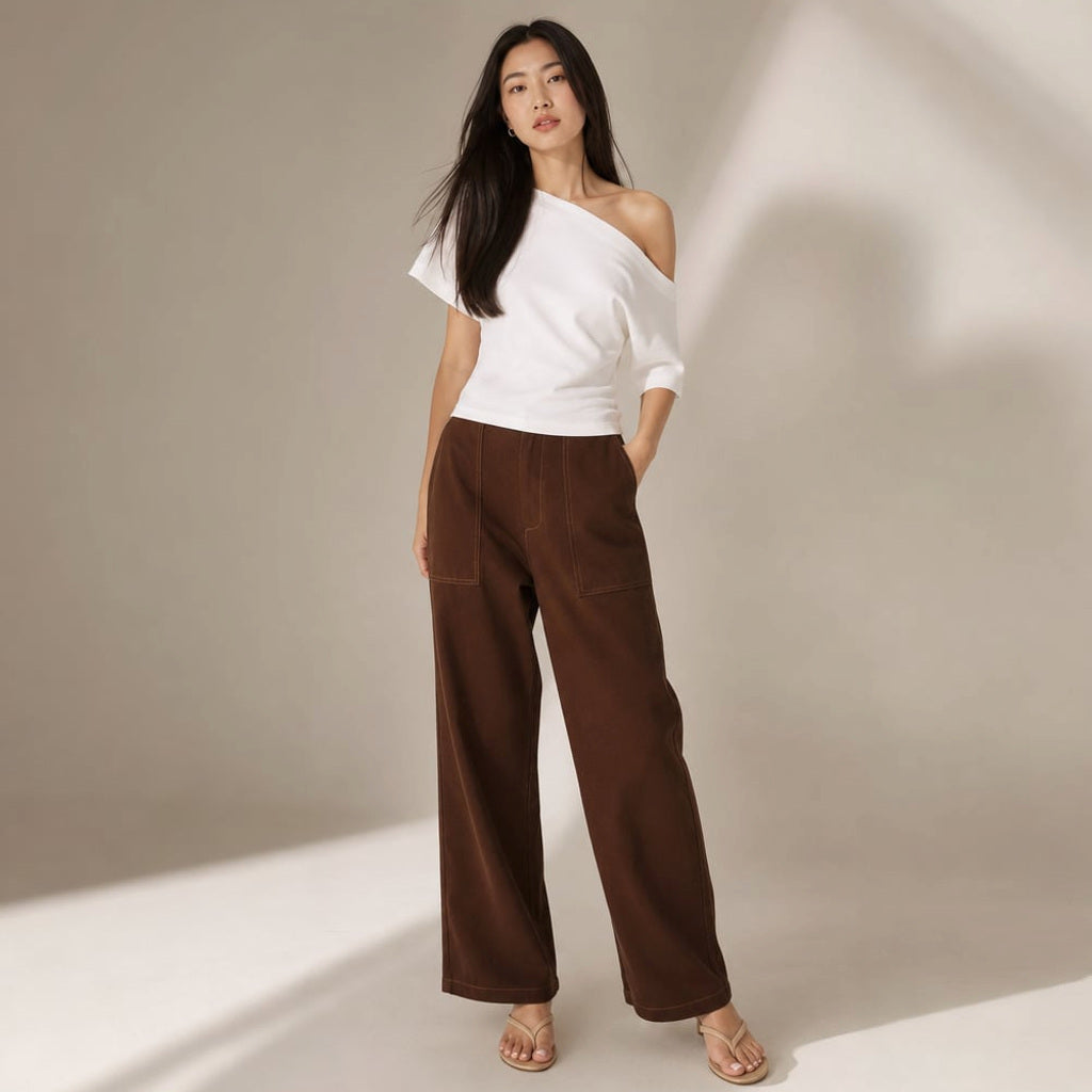 Weite High-Waist-Jeans Schokoladen-Denim – Vitolia