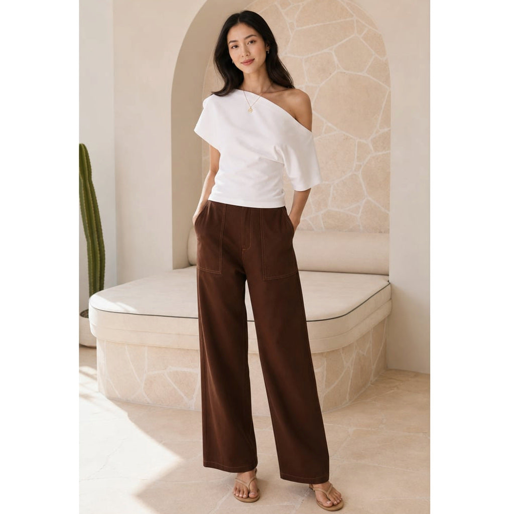 Weite High-Waist-Jeans Schokoladen-Denim – Vitolia