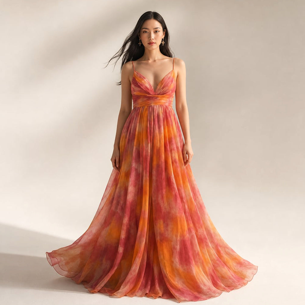 Maxi-Kleid mit abstraktem Mehrfarbendruck in Orange, anliegendes Oberteil mit V-Ausschnitt und dünnen Trägern, fließender bodenlanger Rock