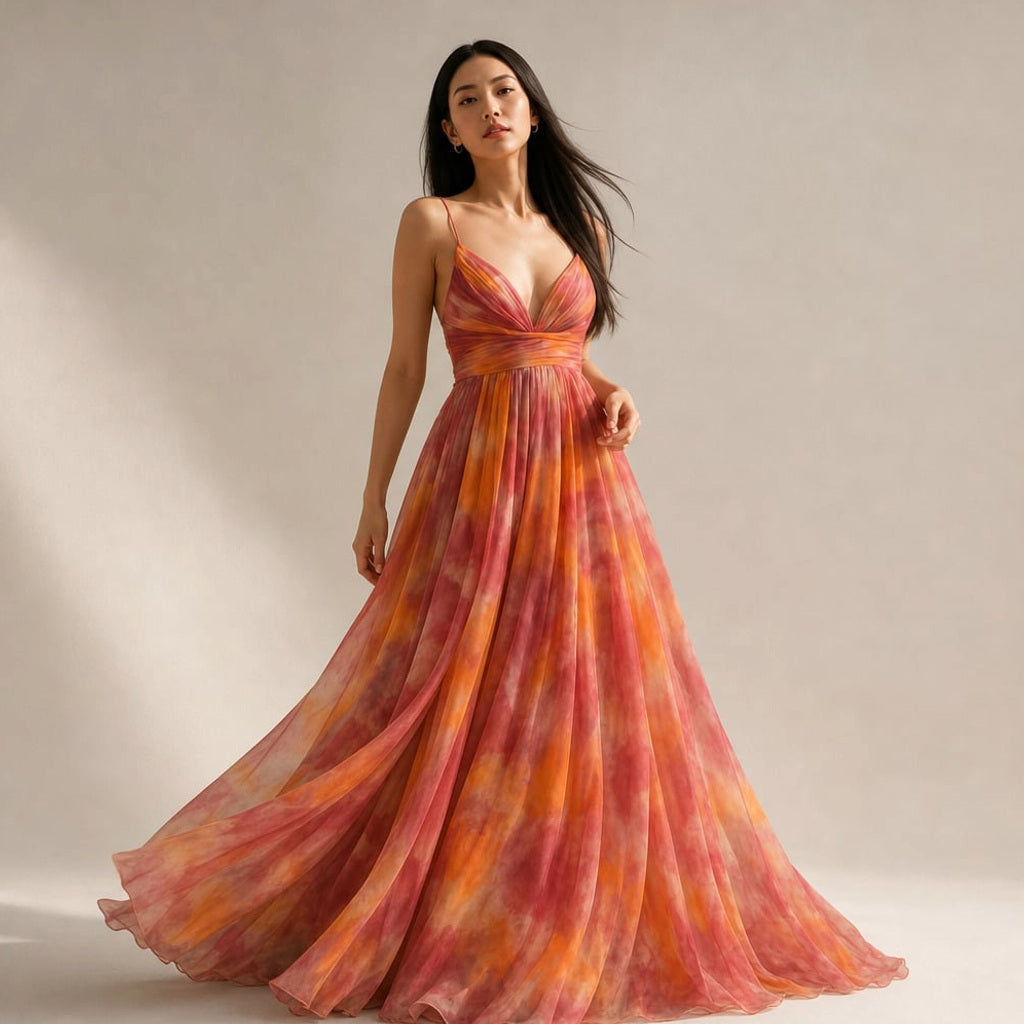 Frau trägt orangefarbenes Maxi-Kleid mit Abstraktdruck, V-Ausschnitt und schmalen Trägern, Rock fällt bodenlang