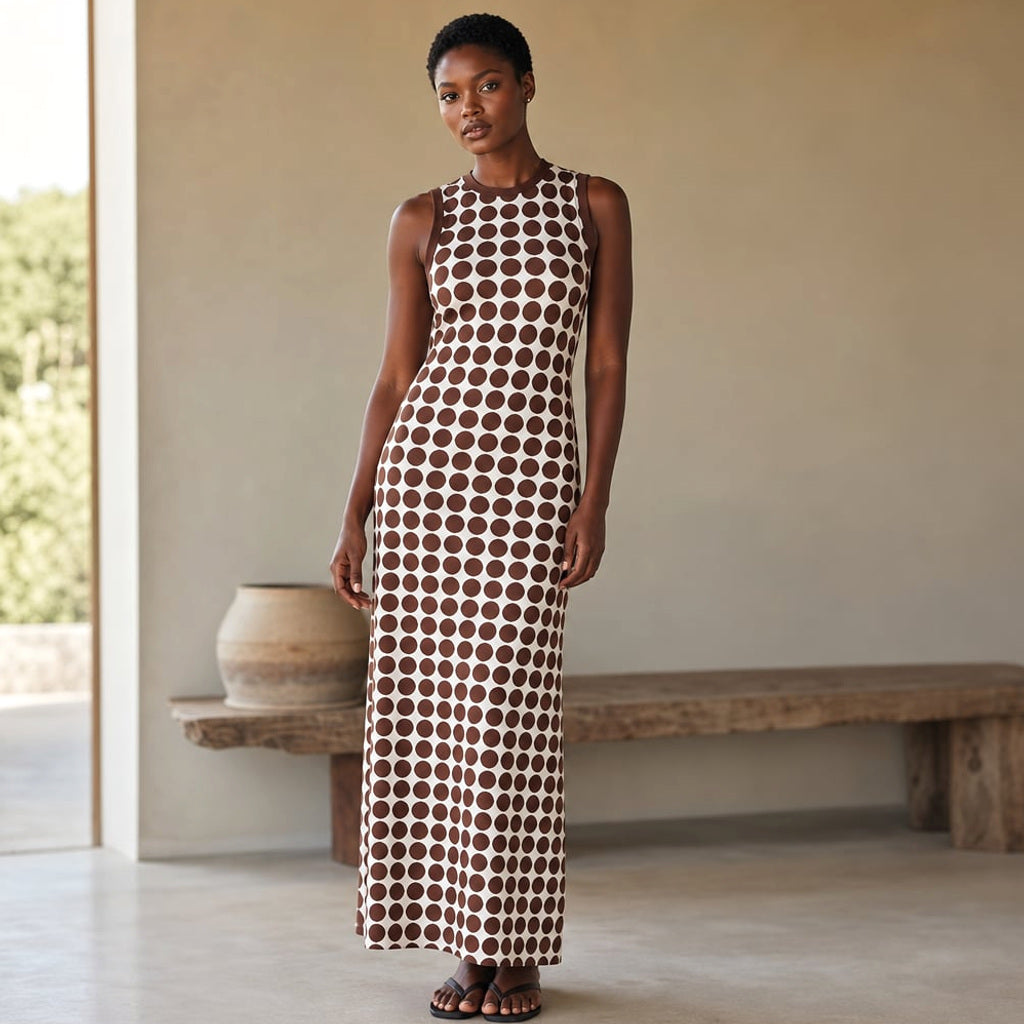Ärmelloses Maxi-Kleid mit Schokoladen-Punktmuster und Knopfleiste – Vitolia