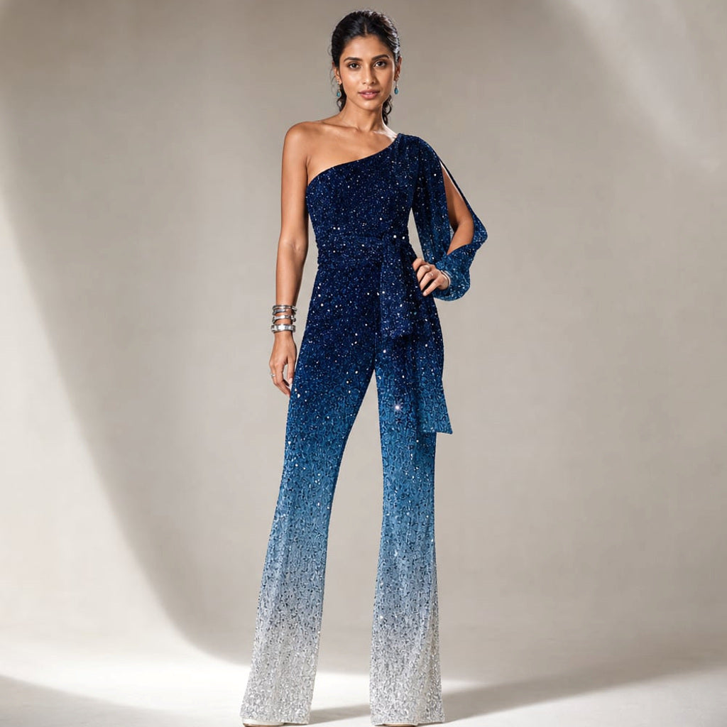 Einschultiger Jumpsuit Wide-Leg Ombre Blau – Vitolia