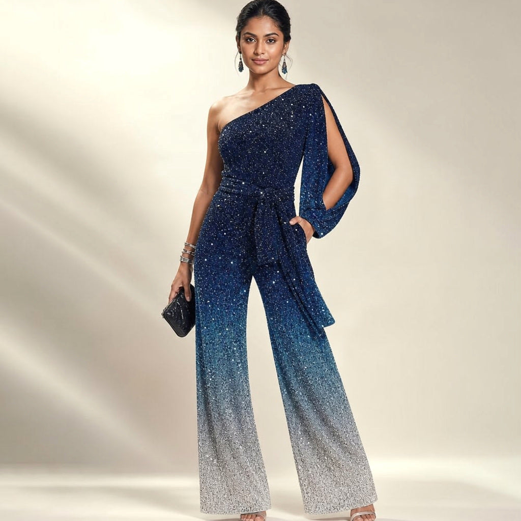 Einschultiger Jumpsuit Wide-Leg Ombre Blau – Vitolia