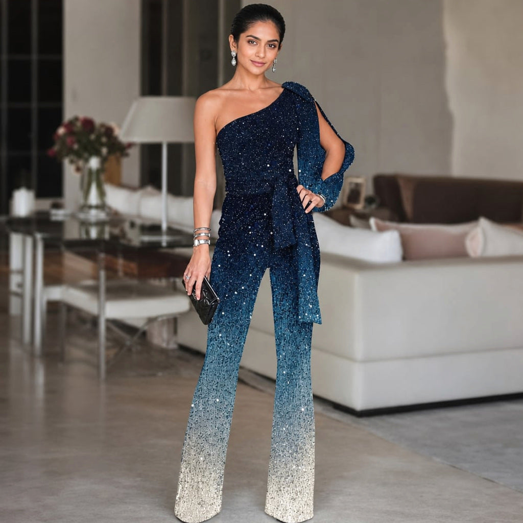 Einschultiger Jumpsuit Wide-Leg Ombre Blau – Vitolia
