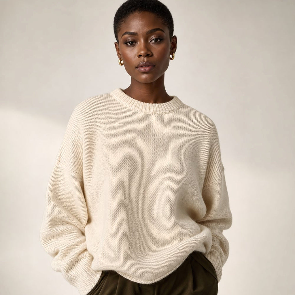 Creme Crew-Neck-Strickpullover aus Baumwolle, Vorderansicht, langer Ärmel, glatt liegender Kragen