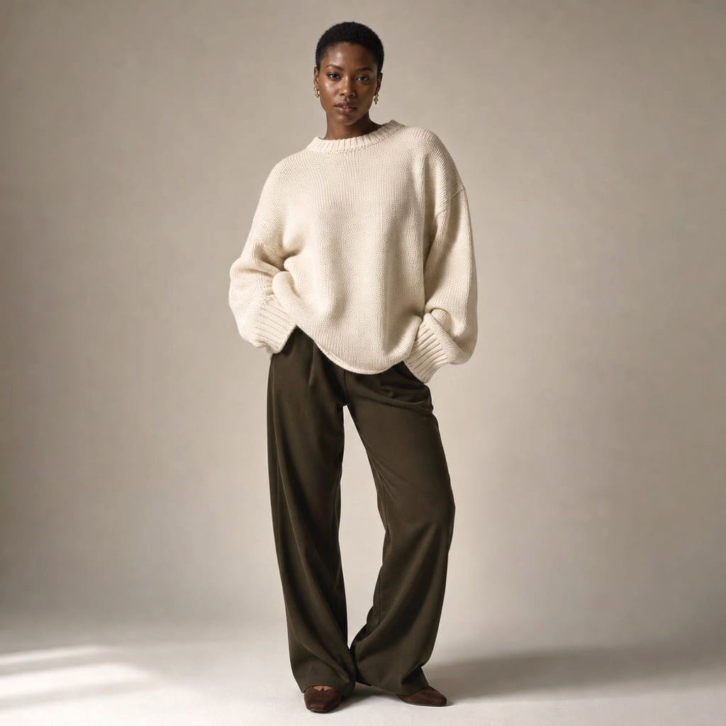 Strickpullover Crew-Neck 100% Baumwolle Langarm Creme – Vitolia
