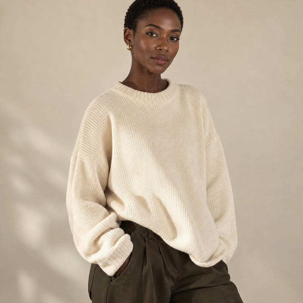 Strickpullover Crew-Neck 100% Baumwolle Langarm Creme – Vitolia