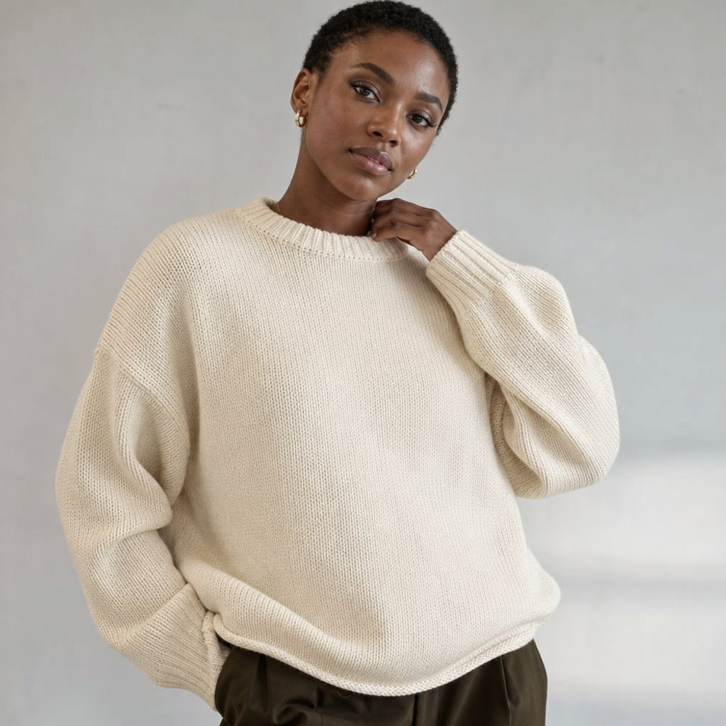 Strickpullover Crew-Neck 100% Baumwolle Langarm Creme – Vitolia