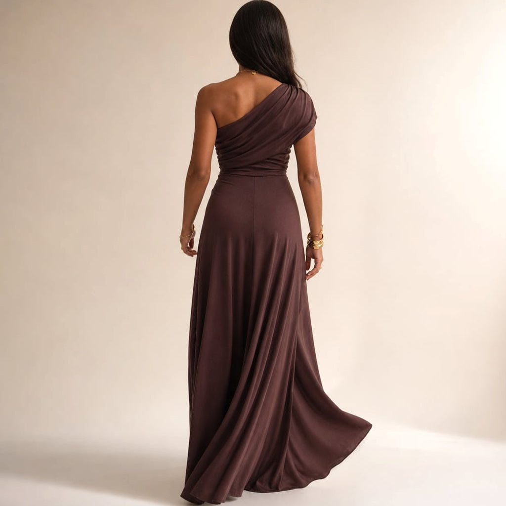 Maxi-Kleid mit Falten One-Shoulder Asymmetrisch Fließend – Vitolia