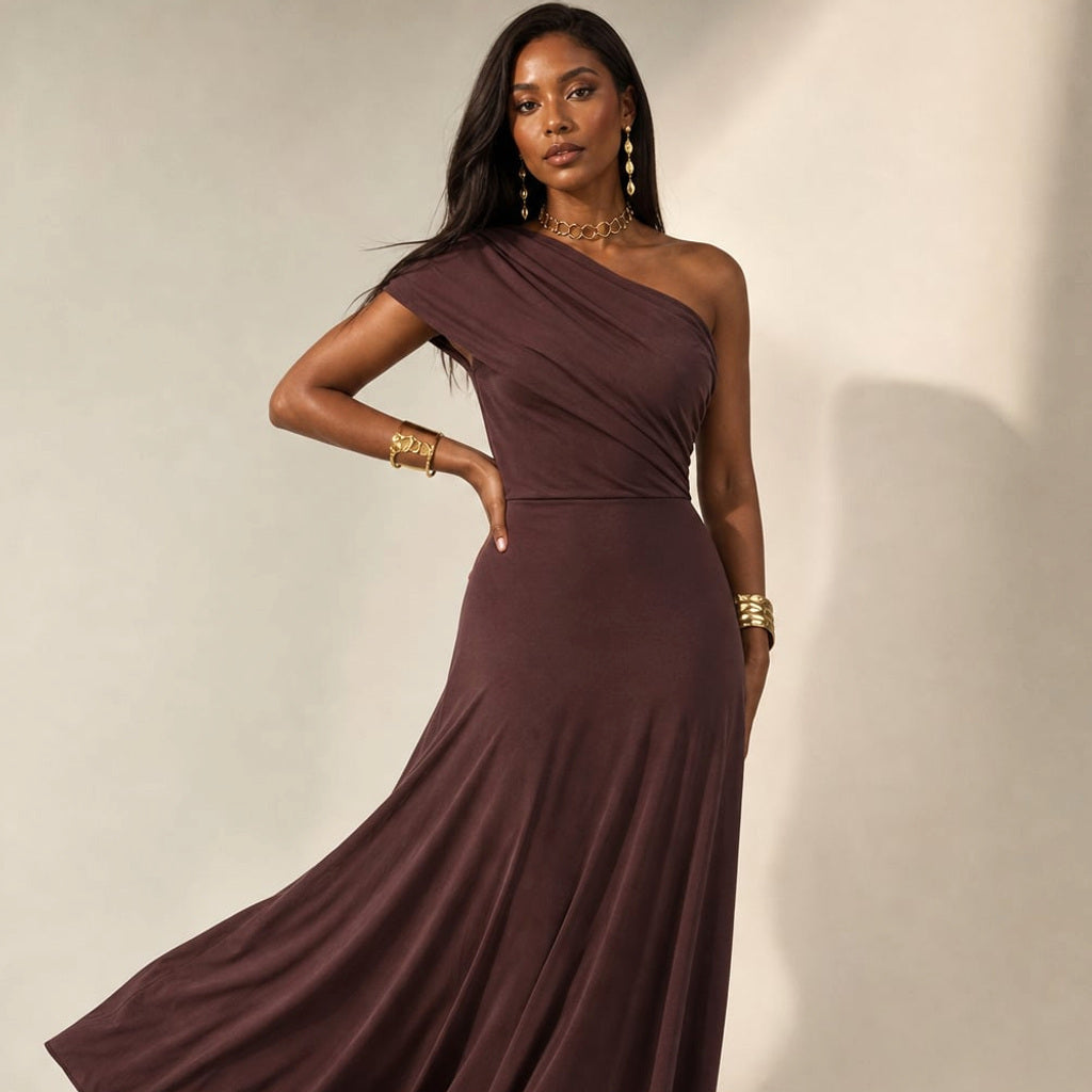 Maxi-Kleid mit Falten One-Shoulder Asymmetrisch Fließend – Vitolia