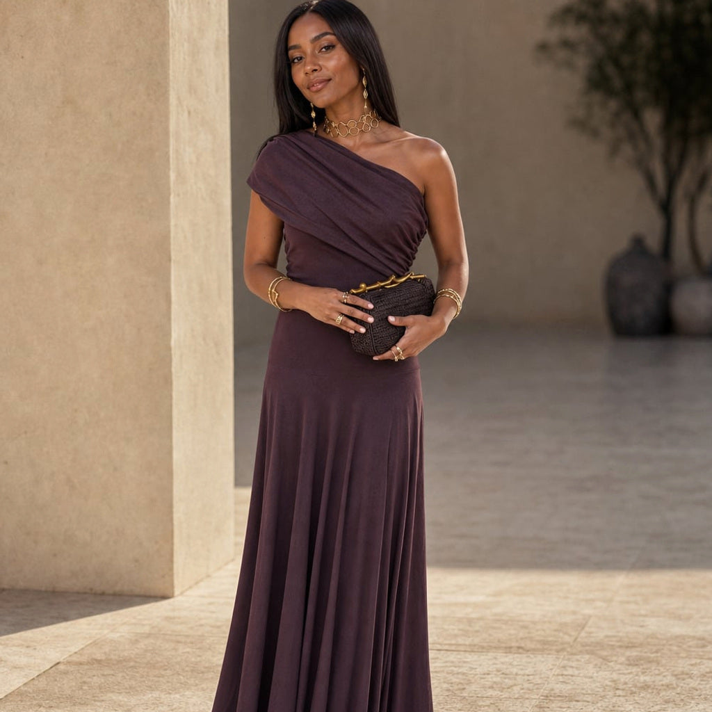 Maxi-Kleid mit Falten One-Shoulder Asymmetrisch Fließend – Vitolia