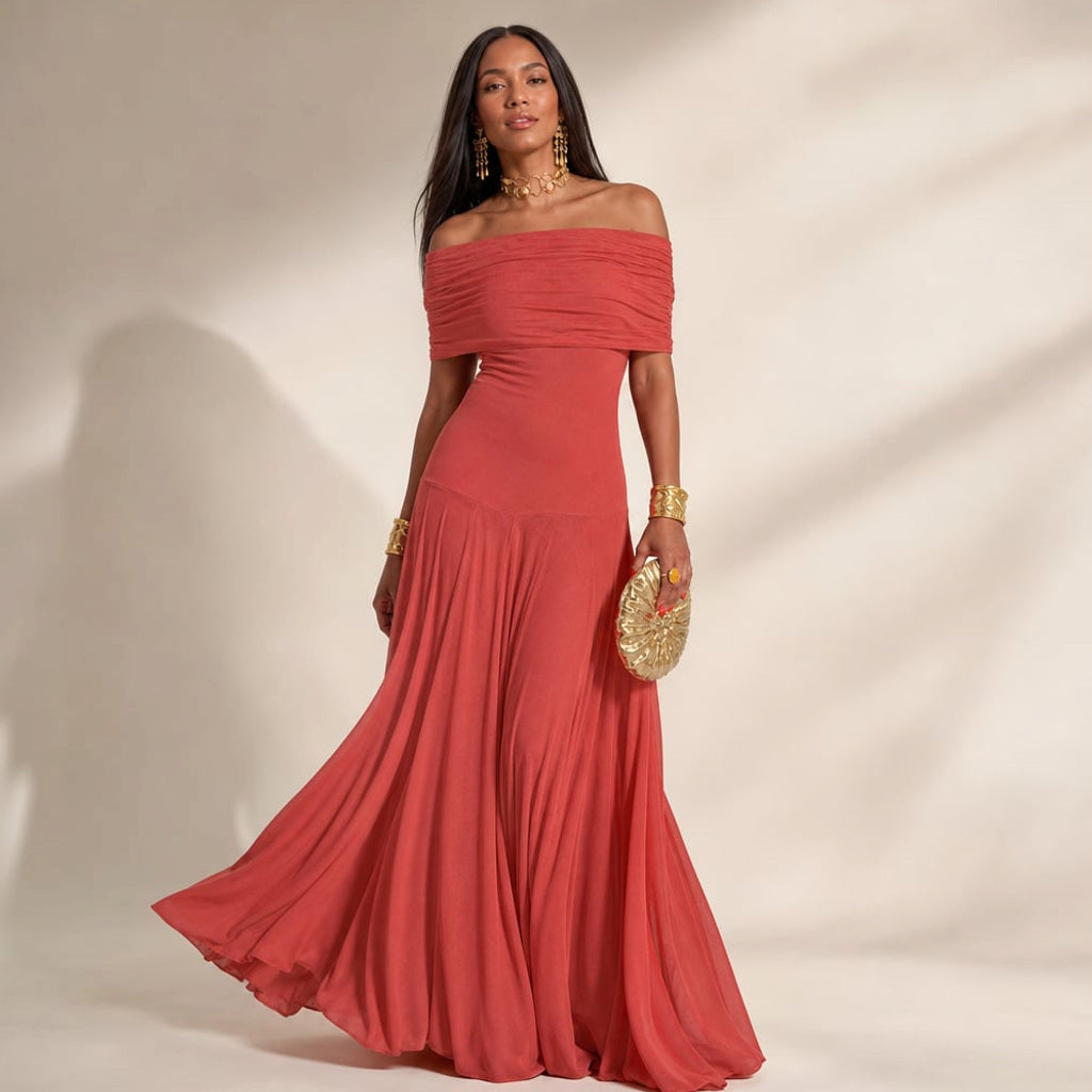 Maxi-Kleid mit Falten One-Shoulder Asymmetrisch Fließend in Rot – Vitolia