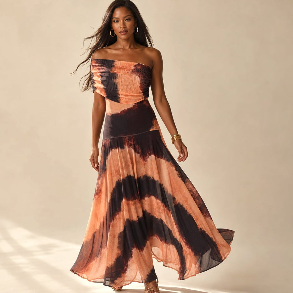 Maxi-Kleid mit Falten One-Shoulder Asymmetrisch Fließend in Orange – Vitolia